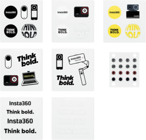 800q-01_133836 Insta360 Button Sticker Set -tarroja sisältää teemoitettuja tarra-arkkeja, joissa on kameroita, Insta360-logo, iskulause "Think bold.", kamerakuvakkeita sekä mustia, valkoisia ja keltaisia kuvioita.