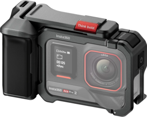 800q-01_133837 Silver Insta360 Ace Pro 2/Ace Pro Xplorer Grip Kit action camera with a large lens, storage space on the screen and a red button that says "Think bold.".