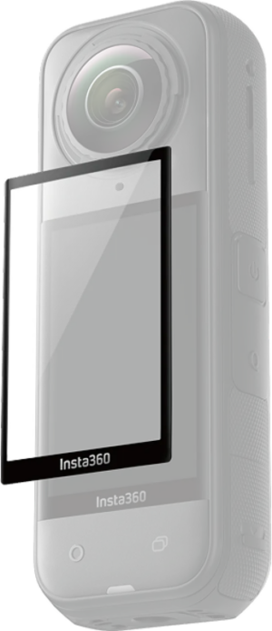 Insta360 X5 screen protector The screen protector is displayed in front of the Insta360 camera, showing that it fits over the camera screen.