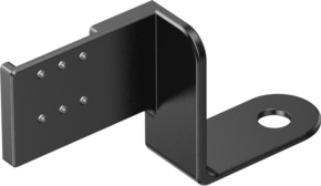 800q-01_133843 The Insta360 X5 Invisible Mic Cold Shoe (RØDE Mic) is a black metal bracket with a rectangular bend, six small holes in two rows on one side and a large round hole on the other.