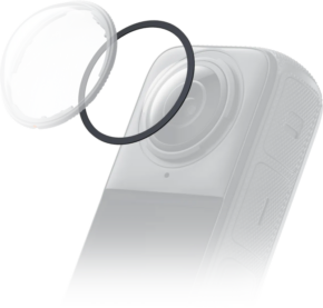 800q-01_133850 A close-up of the Insta360 X4 Lens Guard Winter Care Kit shows two circular lens guards, one clear and one dark, floating above the camera lens against a light background.