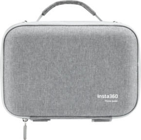 800q-01_133851 Light grey rectangular Insta360 Flow 2 Pro case with top handle and white Insta360 Think bold. logo printed on the bottom right corner.