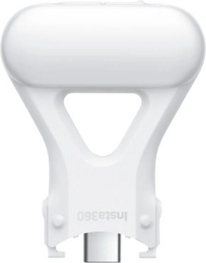 Tyylikkäässä valkoisessa Insta360 Flow 2 Pro Spotlight -led-valossa on kolmion muotoinen keskileikkaus, pyöristetty yläosa, sylinterinmuotoinen pohja ja käänteinen "Insta360"-logo alareunassa.