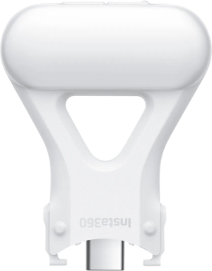 800q-01_133852 Tyylikkäässä valkoisessa Insta360 Flow 2 Pro Spotlight -led-valossa on kolmion muotoinen keskileikkaus, pyöristetty yläosa, sylinterinmuotoinen pohja ja käänteinen "Insta360"-logo alareunassa.