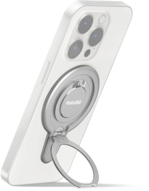 800q-01_133853 The white smartphone is raised vertically with the Insta360 Flow 2 Pro Magnetic Phone Mount attached to its back, and the extended mount is used as a stand.