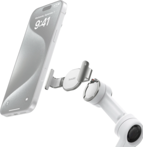 800q-01_133856 INSTA360 FLOW 2 PRO MAGNETIC PHONE CLAMP (SUMMIT WHITE) kiinnittää modernin älypuhelimen, joka näyttää 9:41 ja keskiviikko, 7. syyskuuta. Asetelmassa on tyylikäs, minimalistinen valkoinen ja hopeinen muotoilu.