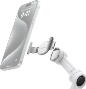 INSTA360 FLOW 2 PRO MAGNETIC PHONE CLAMP (SUMMIT WHITE) kiinnittää modernin älypuhelimen, joka näyttää 9:41 ja keskiviikko, 7. syyskuuta. Asetelmassa on tyylikäs, minimalistinen valkoinen ja hopeinen muotoilu.