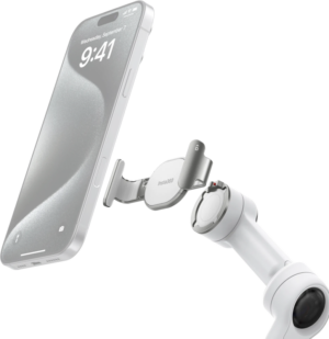 800q-01_133856 INSTA360 FLOW 2 PRO MAGNETIC PHONE CLAMP (SUMMIT WHITE) kiinnittää modernin älypuhelimen, joka näyttää 9:41 ja keskiviikko, 7. syyskuuta. Asetelmassa on tyylikäs, minimalistinen valkoinen ja hopeinen muotoilu.