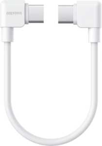 800q-01_133857 Insta360 Flow 2 Pro USB-C -latauskaapeli -kaapeli on lyhyt, valkoinen USB-C- ja USB-C-sovitin, jonka molemmissa päissä on suorakulmaiset liittimet, jotka on esitetty U-muodossa vaaleaa taustaa vasten.