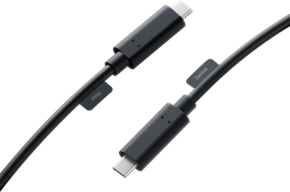 800q-01_133865 The Insta360 Extra Long USB-C Cable (10m) appears on a white background, with two black cables labelled "Host" and "Device", each with a small mark next to the connector indicating the direction of connection.