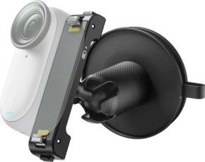 800q-01_133891 The Insta360 GO 3/GO 3S Pivot Clip is a compact white action camera accessory that attaches securely to flat surfaces such as a car windscreen or dashboard with its black suction cup holder.