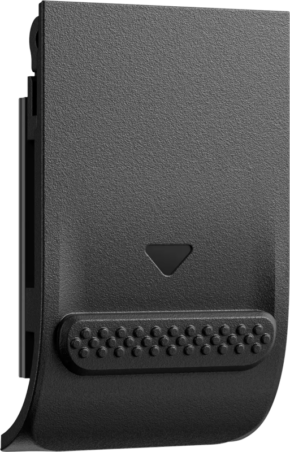800q-01_133900 Close-up of a black plastic Insta360 Ace Pro 2 USB Cover with a small arrow above a row of raised dots, probably part of an electronic device or accessory.