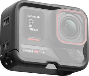800q-01_133901 Insta360 Ace Pro 2 / Ace Pro Vertical-Horizontal Mount on kestävä musta kehys, joka ympäröi osittain Insta360 Ace Pro 2 -toimintakameran ja tarjoaa lisäsuojaa ja ylimääräisiä kiinnityspisteitä.