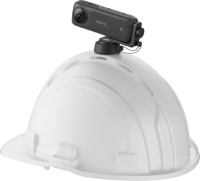 800q-01_133903 White construction hat with Insta360 Hard Hat Camera Mount, which attaches to a black 360-degree action camera with a bracket.