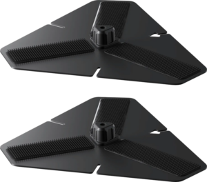 800q-01_133905 Kaksi identtistä mustaa Insta360 Floating Surfboard Mount Sticky Bases (surffilaudan kiinnike) -alustaa, joissa on moderni, kulmikas muotoilu, kuvioidut kumiliuskat ja keskimmäinen nuppi valkoisella pohjalla.