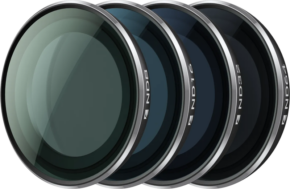 800q-01_133927 Insta360 GO 3S ND-suodatinsarja -suodinpaketti sisältää neljä pyöreää linssisuodatinta (ND8, ND16, ND32, ND64), jotka on sävytetty eri tummuusasteisiin ja järjestetty peräkkäin.
