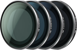 800q-01_133927 Insta360 GO 3S ND-suodatinsarja -suodinpaketti sisältää neljä pyöreää linssisuodatinta (ND8, ND16, ND32, ND64), jotka on sävytetty eri tummuusasteisiin ja järjestetty peräkkäin.