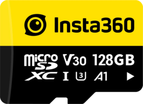 800q-01_133942 Keltainen ja musta Insta360 128 GB UHS-I V30 microSDXC -muistikortti, jossa on valkoiset V30, 128GB, microSDXC, U3, A1 ja I symbolit.
