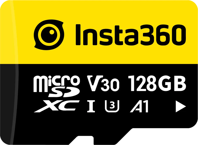 800q-01_133942 Keltainen ja musta Insta360 128 GB UHS-I V30 microSDXC -muistikortti, jossa on valkoiset V30, 128GB, microSDXC, U3, A1 ja I symbolit.