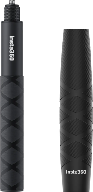The two black Insta360 85cm Invisible Selfie Stick (with Selfie Stick Sleeve) are pictured side by side, one fully extended with a visible fixing screw, and the other folded. Both have textured handles and the Insta360 logo.