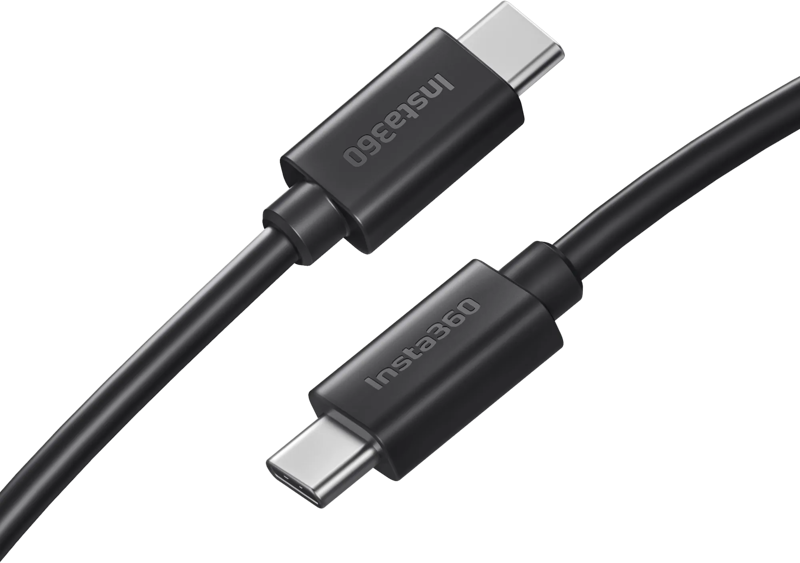 800q-01_134019 Insta360 Ace/Ace Pro Type-C to C -kaapeli -kaapeli on musta USB-C- ja USB-C-kaapeli, jonka molemmissa liittimissä on Insta360-brändi vaaleanharmaalla pohjalla.