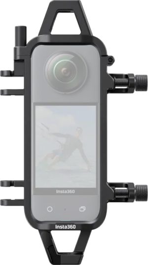 800q-01_134037 The Insta360 X3 Water Sports Rope Mount holds your black Insta360 action camera in a metal housing with visible adjustment knobs and mounting points. The camera's screen shows a person surfing on the water.