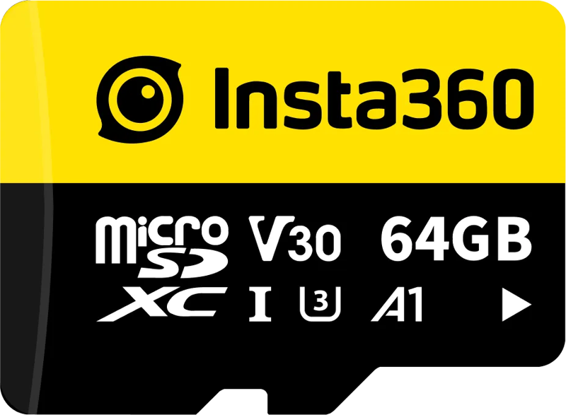 800q-01_134045 Mustakeltaisessa Insta360 64 GB UHS-I V30 microSDXC -muistikortissa lukee valkoisella tekstillä "64GB, V30, A1, U3, XC I, microSD", ja sen yläosassa on Insta360-logo.