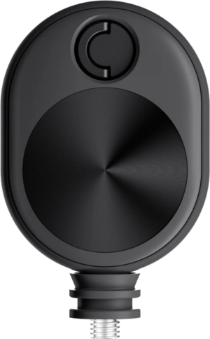 800q-01_134048 The Insta360 Bullet Time Cord is a black, oval-shaped device with a round textured surface and an embossed circle near the top, and is attached to a threaded metal connector at the bottom.