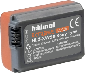 800q-01_134102 Hähnel Battery Extreme Sony HLX-XW50 -akku on litiumioniakku, jossa on oranssit sivut, merkintä 7,2 V ja tyypillinen kapasiteetti 1200 mAh. Varoituskuvakkeet ja turvallisuusohjeet on painettu etikettiin.