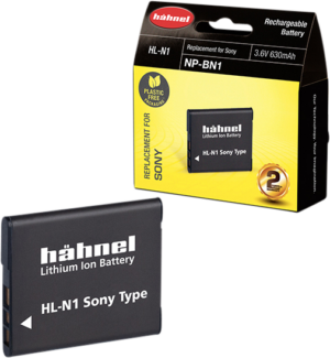 800q-01_44500000N1 Hähnel-akku Sony HL-N1 / BP-BN1 -akku litiumioniakku ja pakkaus, merkitty korvaavaksi Sony NP-BN1:lle, 3.6V 630mAh, keltainen merkkilaatikko ja Plastic Free -merkki.