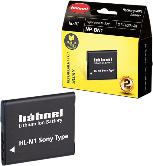 800q-01_44500000N1 Hähnel-akku Sony HL-N1 / BP-BN1 -akku litiumioniakku ja pakkaus, merkitty korvaavaksi Sony NP-BN1:lle, 3.6V 630mAh, keltainen merkkilaatikko ja Plastic Free -merkki.