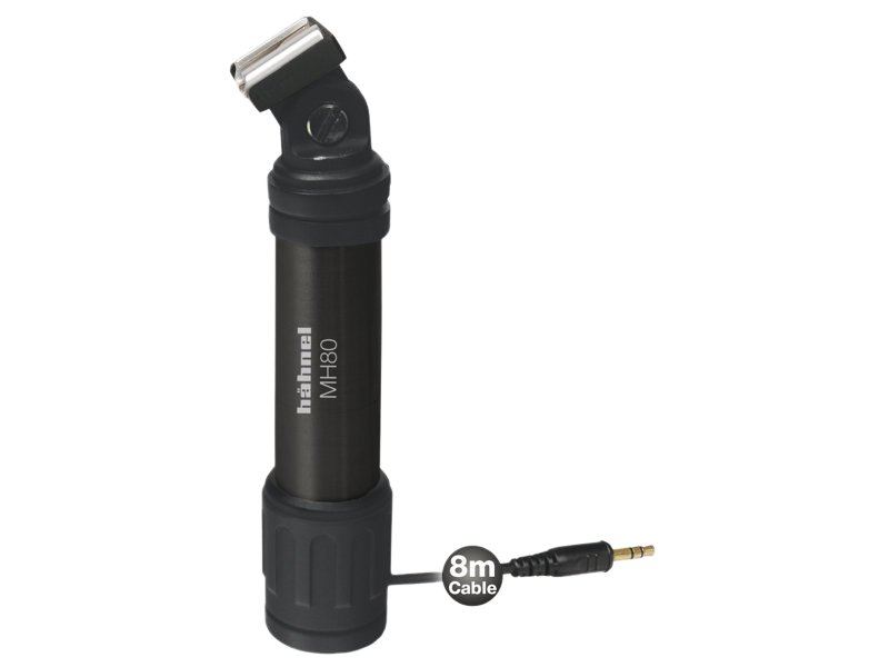 800q-01_4450008900 Hähnel MH80 Microphone Holder -mikrofonipidike -mikrofonipidikkeessä on kompakti, musta kädessä pidettävä muotoilu kumikahvalla ja 8-metrinen kaapeli 3,5 mm:n ääniliittimellä, kuvassa vaaleaa taustaa vasten.