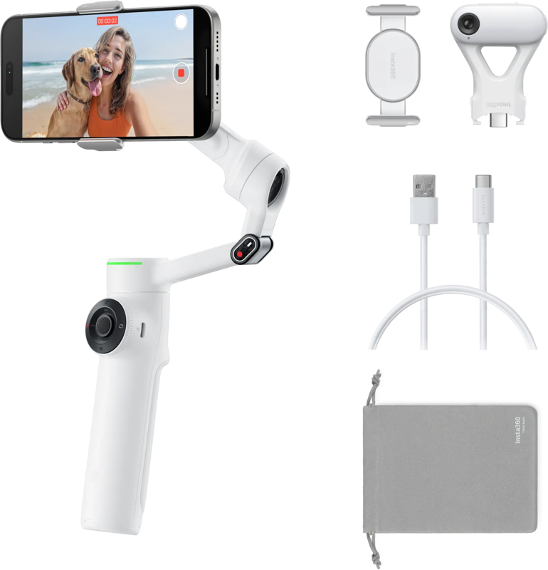 Insta360 Flow 2 Pro AI Tracker Bundle Summit White -gimbal pitää puhelinta, jossa näkyy nainen ja hänen koiransa. Lisävarusteet - pidike, kameran objektiivi, USB-kaapelit ja harmaa pussi - on järjestetty siististi valkoiselle taustalle.