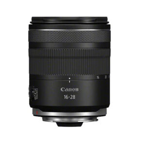 Canon16-28RF1 The Canon RF 16-28mm f/2.8 IS STM lens appears upright against a white background, highlighting the zoom markings, control switches and Canon branding on the front. 125€ discount.
