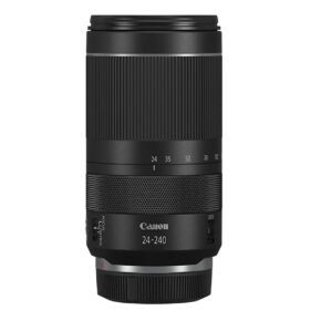 CanonRF24-240mm1 The Canon RF 24-240mm f/4-6.3 IS USM lens stands upright against a white background, showing a zoom ring with focal length markings and an image stabilisation switch.