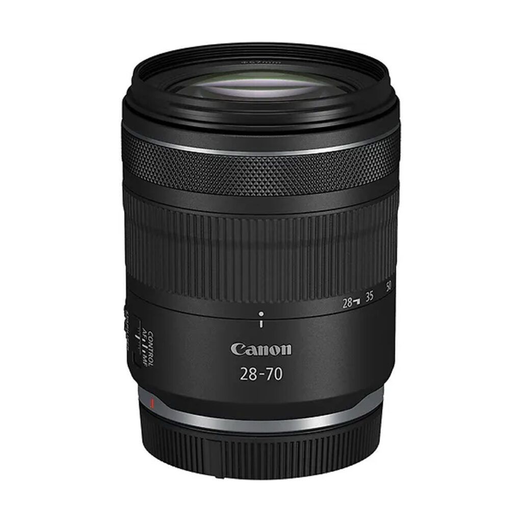 CanonRF28-70mm The Canon RF 28-70mm f/2.8 IS STM features textured zoom and focus rings, white markings and a stylish black cylindrical body against a white background. 125€ discount.