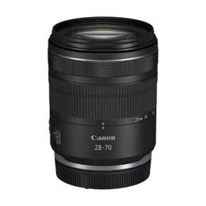 CanonRF28-70mm The Canon RF 28-70mm f/2.8 IS STM features textured zoom and focus rings, white markings and a stylish black cylindrical body against a white background. 125€ discount.