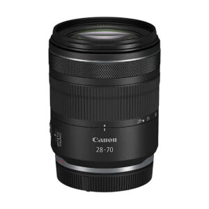 CanonRF28-70mm The Canon RF 28-70mm f/2.8 IS STM features textured zoom and focus rings, white markings and a stylish black cylindrical body against a white background. 125€ discount.