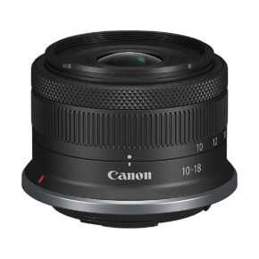 RF10-181 The Canon RF-S 10-18mm f/4.5-6.3 IS STM lens with black textured grip, white branding and focal length markings is shown on a white background. 35€ discount.