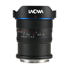 laowa_rf_15mm_f45_05x_01 (2) Black Laowa 15mm f/4.5 0.5X macro lens, Canon RF lens with ribbed focus ring, white and red aperture markings and backlight protection, against a white background.