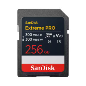 SanDisk Extreme PRO SD UHS-II 300MB/s (V90) 256GB -muistikortti, U3-luokka, musta-punainen-keltainen etiketti, luku- ja kirjoitusnopeus 300 MB/s.