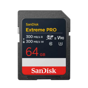 sandisk_300_64gb_01 SanDisk Extreme PRO SD UHS-II 300MB/s (V90) 64GB muistikortti tarjoaa 64GB kapasiteettia, 300MB/s luku-/kirjoitusnopeuden ja tukee V90-, UHS-II-, U3- ja Class 10 -standardeja.