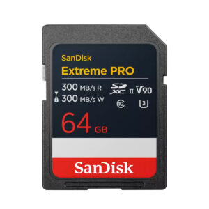 sandisk_300_64gb_01 SanDisk Extreme PRO SD UHS-II 300MB/s (V90) 64GB muistikortti tarjoaa 64GB kapasiteettia, 300MB/s luku-/kirjoitusnopeuden ja tukee V90-, UHS-II-, U3- ja Class 10 -standardeja.
