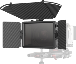 The SmallRig 3680B Mini Matte Box Pro is a camera rig with adjustable carbon fibre side and top flaps to prevent unwanted light from entering the lens, mounted on a rail system.