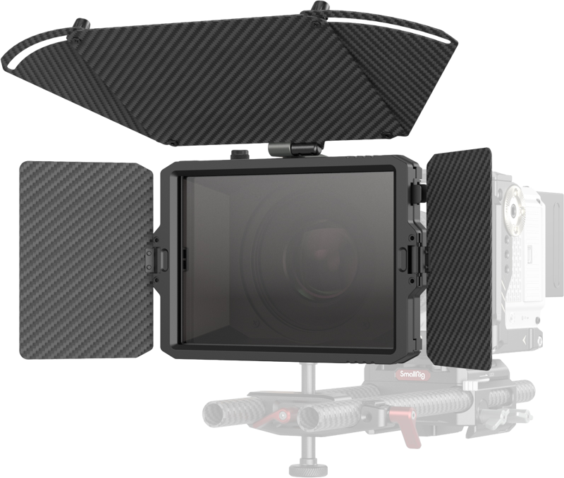 800q-01_118761 The SmallRig 3680B Mini Matte Box Pro is a camera rig with adjustable carbon fibre side and top flaps to prevent unwanted light from entering the lens, mounted on a rail system.