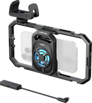 800q-01_134202 The SmallRig 5275 Universal Thermal Quick-release Cage contains your smartphone in a black metal case with a cooling fan on the back and a separate USB cable adapter underneath.
