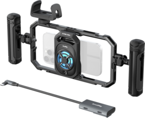 SmallRig 5276 All-in-One Thermal Live Streaming Filming Handheld Phone Cage Kit, pictured in black, featuring two handles and a cooling fan, holds a smartphone; with its USB-C cable and compact electronic hub ports located underneath.