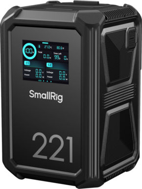 800q-01_134235 The SmallRig 4985 X221 Smart Triple-Proof V-Mount battery is black, has a digital display of charge percentage, temperature, time remaining and voltage/power, and features a durable design with textured sides.
