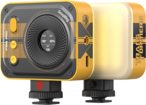 800q-01_134236 SmallRig 5511 Vibe P108 Pro mini LED-videovalaisimessa - BumbleBee Edition on keltainen ja musta muotoilu, Transformers-brändäys, ohjauspainikkeet, säädettävät säätönupit ja digitaalinen näyttö värisävyn, voimakkuuden, kylläisyyden ja värilämpötilan asetuksille.