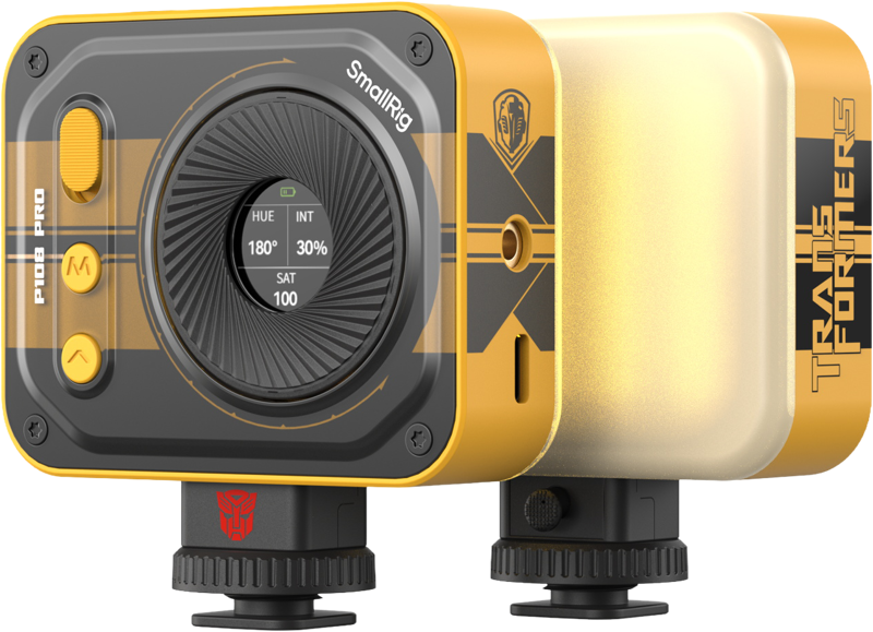 800q-01_134236 The SmallRig 5511 Vibe P108 Pro mini LED video light - BumbleBee Edition features a yellow and black design, Transformers branding, control buttons, adjustable control knobs and a digital display for hue, intensity, saturation and colour temperature settings.